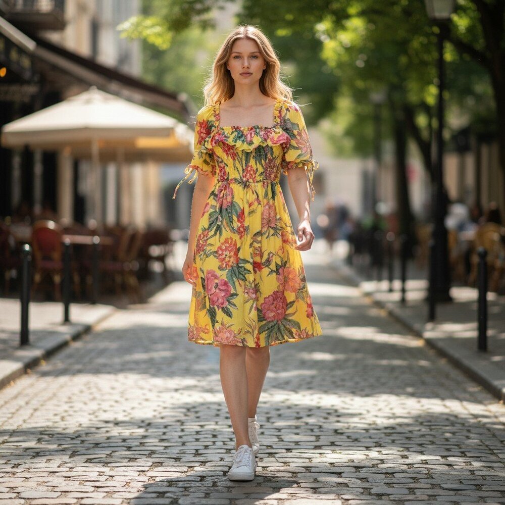 Banjanan 100% Cotton Yellow Floral Mini Dress Small Preowned